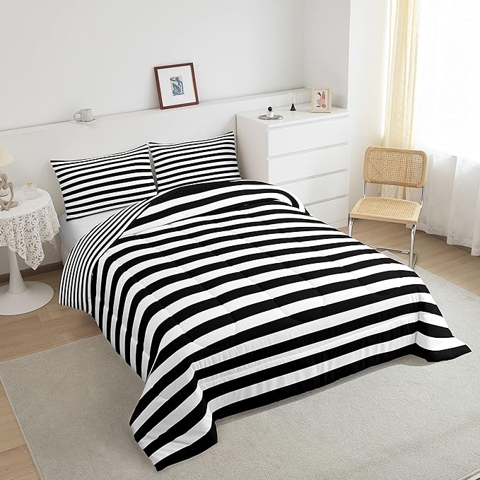 Striped Comforter Set Black and White Stripe Bedding Set Twin Kids Boys Girls Women Men Farmhouse Ticking Stripes Duvet Set Modern Geometric Lines Adults Abstract Gothic Home Decor Soft Reversible