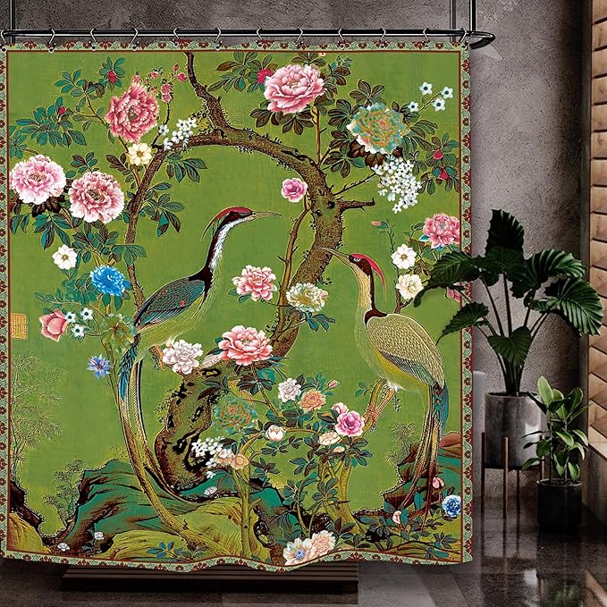 Vintage Flower Shower Curtain 60Wx72L Inch Crane Peony Vintage Retro Chinese Plant Botanical Green Blossom Japanese Art Bathroom Set Accessories Decor with 12 Pack Hooks