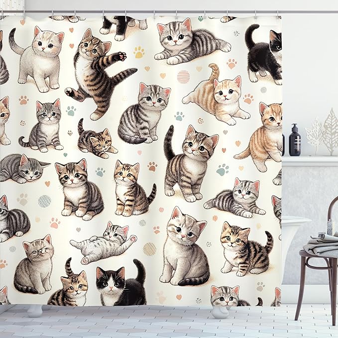 Ambesonne Cat Shower Curtain, Pattern of Little Kittens Playful Poses Joyous Concept Pastel Paw Prints, Cloth Fabric Bathroom Decor Set with Hooks, 69" W x 75" L, Off White Taupe and Grey