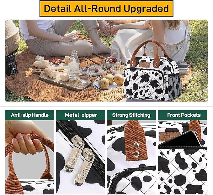 Buringer HOMESPON Lunch Bag for Woman Man Adults with Front Pocket Insulated Lunch Tote Lunch Box Container for Work Picnic or Travel(Cow with Side Pockets)