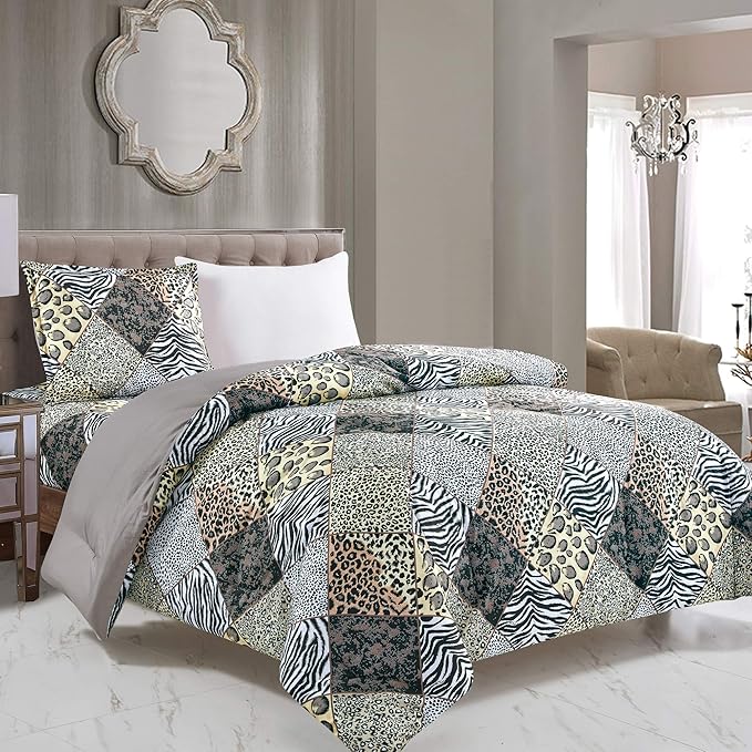 WPM 2 Piece Animal Print Comforter with Pillow Sham, Black White Gray Leopard Zebra Giraffe Jungle Forest Theme Design Twin Size Bedding- Safari (Black, Twin)