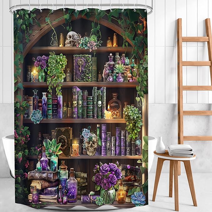 Small Stall Gothic Skull Shower Curtain 54Wx78H RV Spooky Wizard Vintage Withcy Black Bookshelf Succulent Unique Cool Bathroom Decor Mysterious Bath Curtain Fabric Polyester 12 Pack Hooks