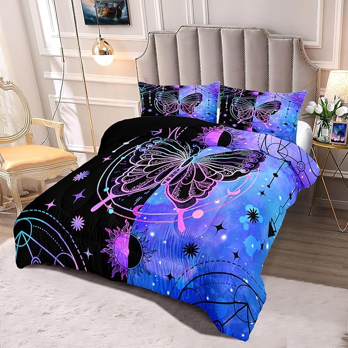 Butterfly Comforter Set for Girls Women, Butterfly Bed Set, Boho Butterflies with Sun and Moon Printed Bedding Sets, Black Blue Butterfly Comforter Set Full Size with 2 Pillowcases