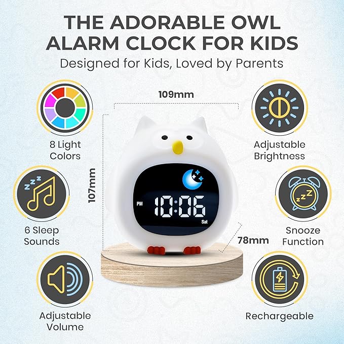 Bumble & Bright Kids’ Alarm Clock – Okay to Wake Clock with Nightlight & Sound Machine | Teaches Sleep Training & Helps Kids Stay in Bed | 8 Colors, 6 Sounds, Snooze | USB Powered (Corded Electric)