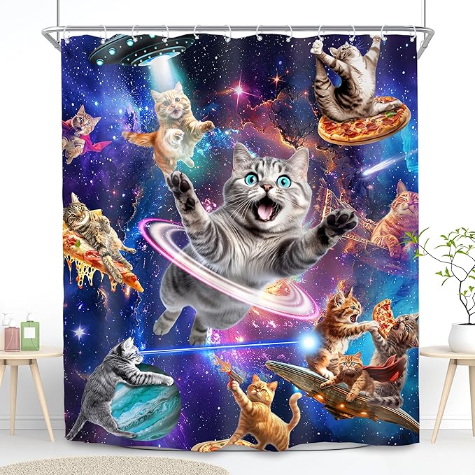SVBright Funny Cat Shower Curtain 60Wx72L Inch Kids Space Galaxy Cute Fun Cool Pet Animal Hilarious Nebula Starry Fantasy Universe Boys 12 Pack Hooks Polyester Waterproof Fabric Bathroom Bathtub Panel