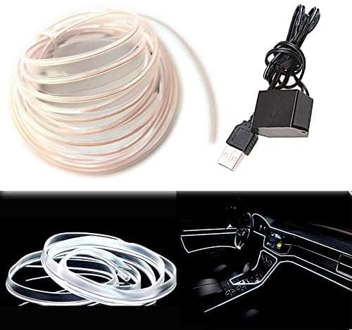 El Wire White Interior Car LED Strip Lights, 3M Neon Wire USB 5V with Fuse Protection for Automotive Interior Decoration, with 6mm Sewing Edge