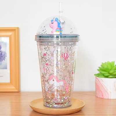 Unicorn Drinking Cup with Straw Kid Travel Tumbler Glitter Ice Coffee Mugs Plastic Cup for Party Gift (pink unicorn, 6.5 * 20cm))