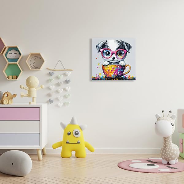 Ypxzzj Graffiti Cute Puppy in a Teacup Canvas Wall Art, Animal Dog Picture Prints Wall Art, Cute Animal Poster Dog with Glasses Wall Art for Livingroom Bedroom Home Decor Framed Ready to Hang