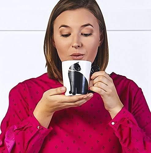VOTUM White Ceramic Coffee Mug or Tea Mugs: Animal Shaped Mugs with Hand Printed Designs and Printed Saying - 12 Fluid Ounce Large, Cute Handmade Cup Gift - Black Cat
