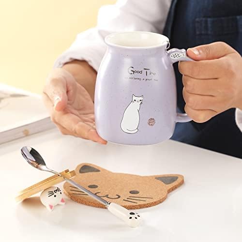 BigNoseDeer 2Pcs Kawaii Tea Cup with Infuser Ceramic Cat Mug Cute Mugs Coffee Mugs Gifts for Cat Lovers Cute Cool Preppy Stuff Mother's Day Gifts for Women 13oz