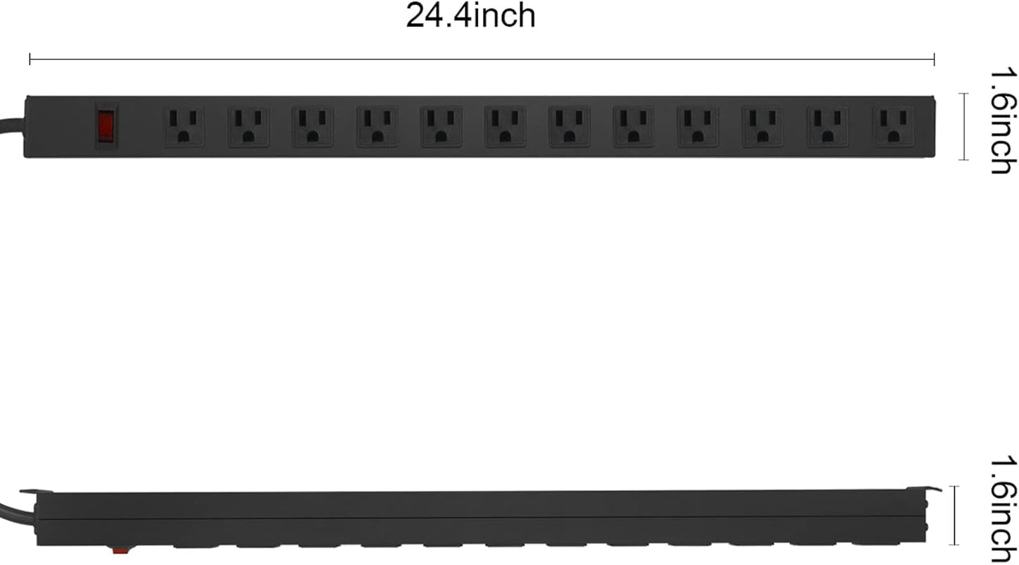 HHSOET Metal Wall Mount Power Strip, Mountable Power Outlet with 12 AC Outlets, Aluminum Alloy Mount Power Socket with Switch, 10 FT SJT 3/C 14AWG Power Cord, 15A 125V 1875W (12AC) Black