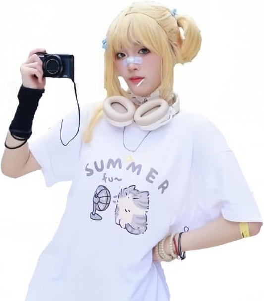 Women's Cute Cat Cartoon Print T-Shirt Kawaii Oversized Graphic Tees Y2K Men's Short Sleeve Tees Grunge Clothes