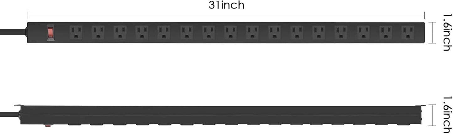 HHSOET Metal Wall Mount Power Strip, 16 Outlets, 3 FT SJT 3/C 14AWG Power Cord, 15A 125V 1875W, Black