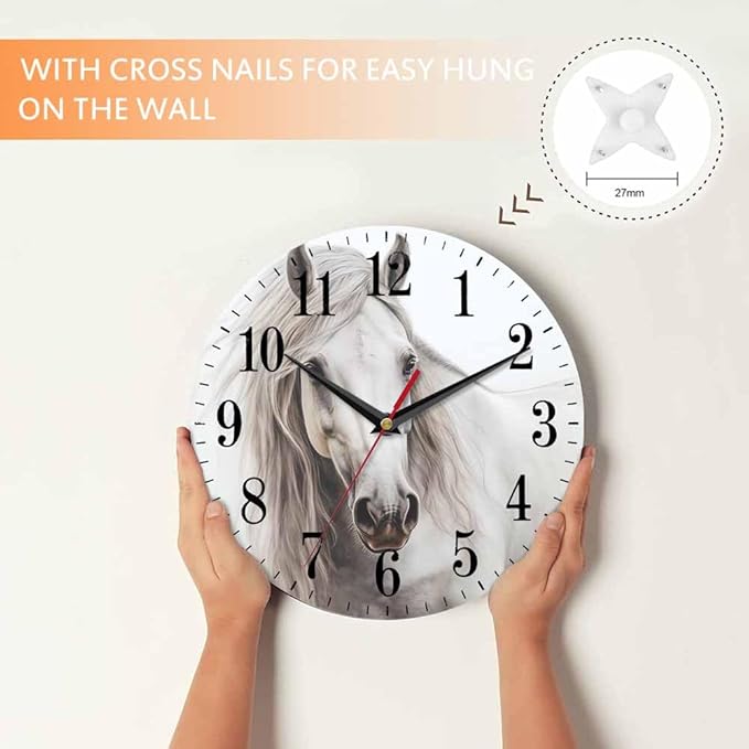 White Horse Portrait Wall Clock Classical Oil Horse with Smooth Skin and Fur 10 Inch Silent Non Ticking Battery Operated Clock Vintage Round Clock for Living Room Bedroom Bathroom Office Decor