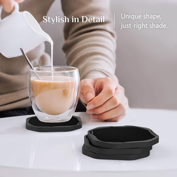 UMIRRO Absorbent Coasters for Drinks with Holder, Black Silicone Cup Coaster with Felt Insert for Coffee Table Decor, Small Unique Birthday Gift Ideas for Men, Dad, Him, Women Mom, Her, 4", Set of 6