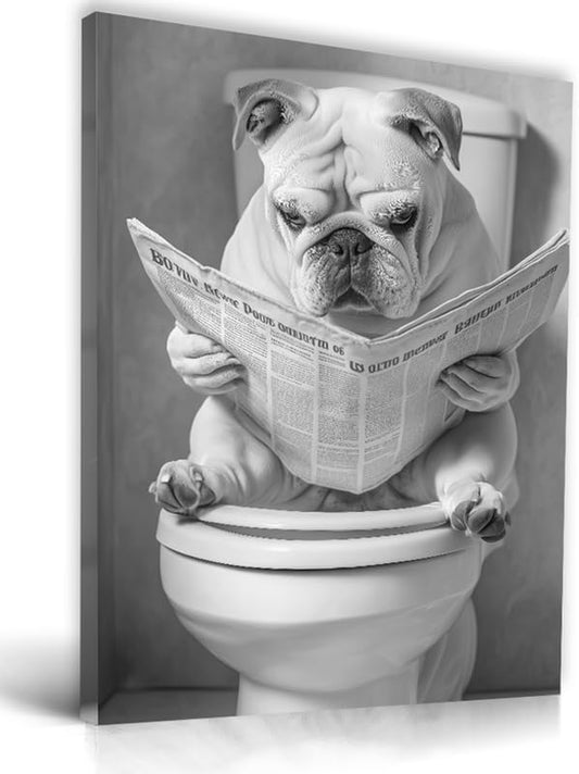 UPWOIGH Bathroom Wall Art, Black and White French Bulldog Dog Reading the Newspaper Wall Docer, Wood Framed Canvas Wall Art Animals Abstract Prints, 12"x16" High-end Pictures for Dormitory Kids Room