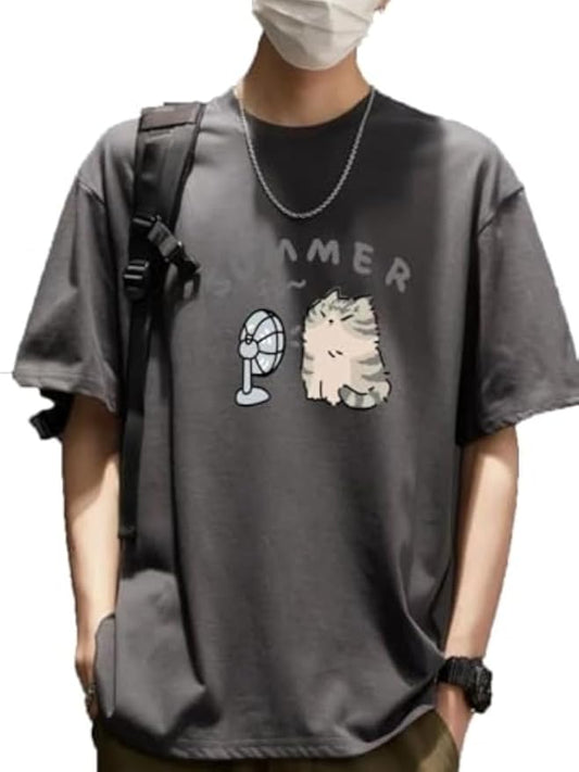 Women's Cute Cat Cartoon Print T-Shirt Kawaii Oversized Graphic Tees Y2K Men's Short Sleeve Tees Grunge Clothes