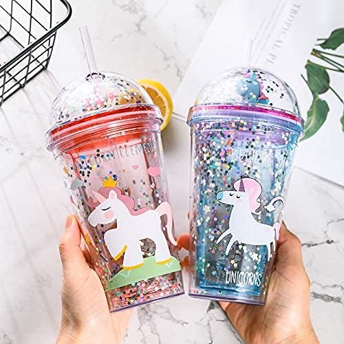 Unicorn Travel Tumbler Mug Pink Cup with Straw Kids Plastic Insulated Glitter Watter Bollter Toddler Ice Coffee Mugs Girl Drinkware (pink unicorn, 6.5 * 20cm)