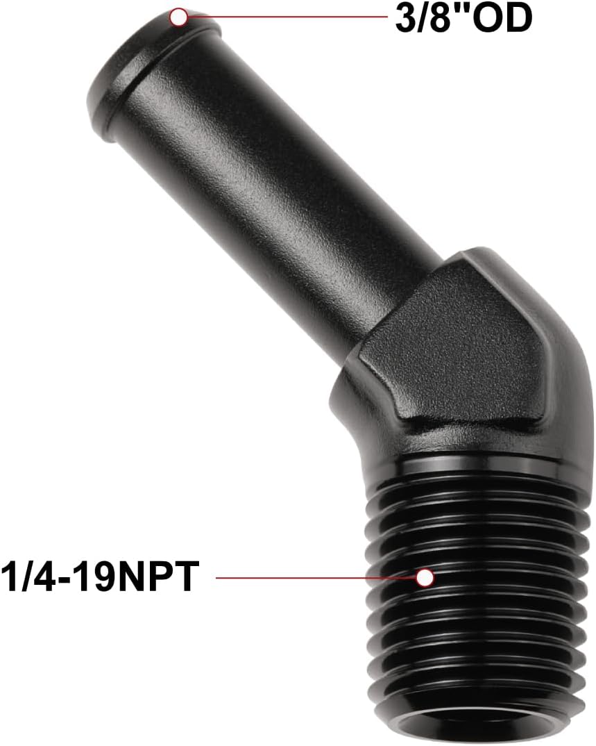 1/4 NPT Male to 3/8" Hose Barb Fitting Adapter 45 Degree Elbow Aluminum Black