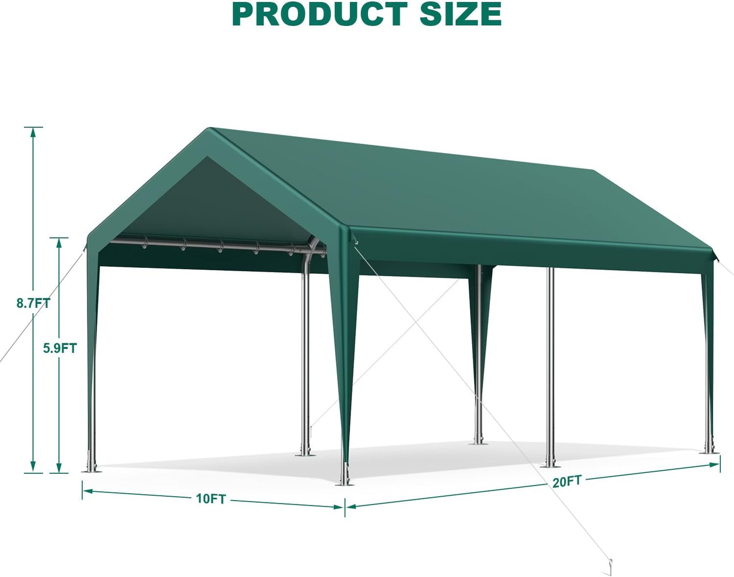 10x20FT Heavy Duty Carport, Portable Car Canopy Garage Boat Shelter Party Tent, UV Resistant Waterproof Carport Canopy with Four Wind-Resistant Ropes, Green