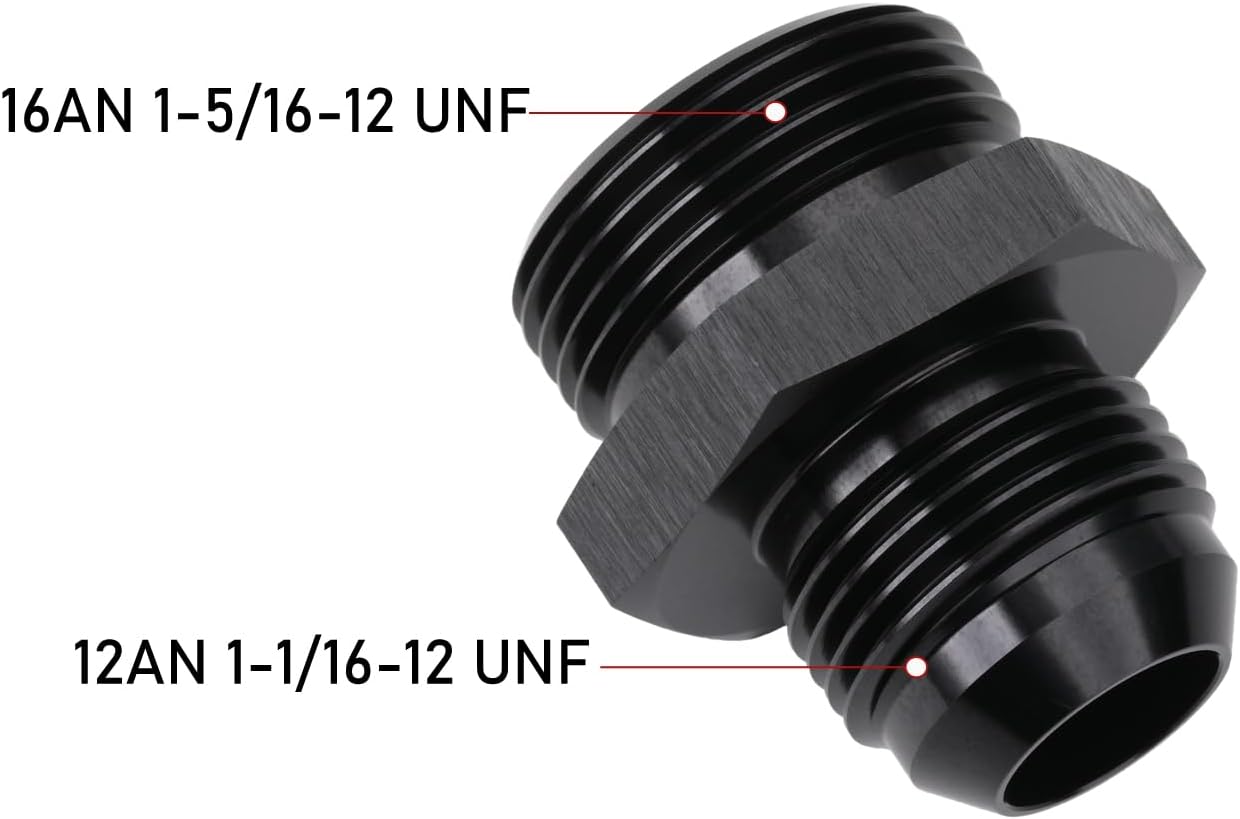 12AN Male Flare to 16AN ORB O-ring Boss Fuel Pump Rail Adapter Fitting Aluminum Black
