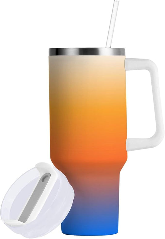 Boccsty Color Gradient Orange Blue Insulated Tumblers Reusable Stainless Steel Tumbler 30 oz Cup Coffee Travel Mug Water Bottle with Handle & Flip Straw for Home Office Car
