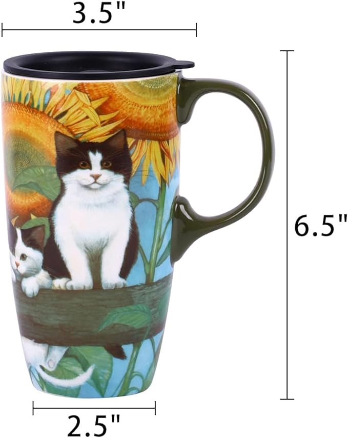 Topadorn Coffee Ceramic Mug Porcelain Latte Tea Cup With Lid 17oz. Cat