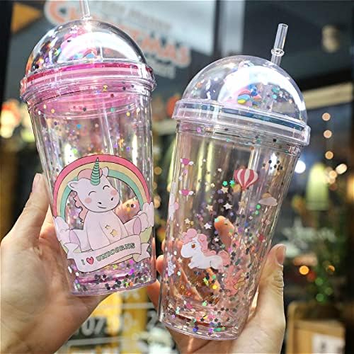Unicorn Drinking Cup with Straw Kid Travel Tumbler Glitter Ice Coffee Mugs Plastic Cup for Party Gift (pink unicorn, 6.5 * 20cm))