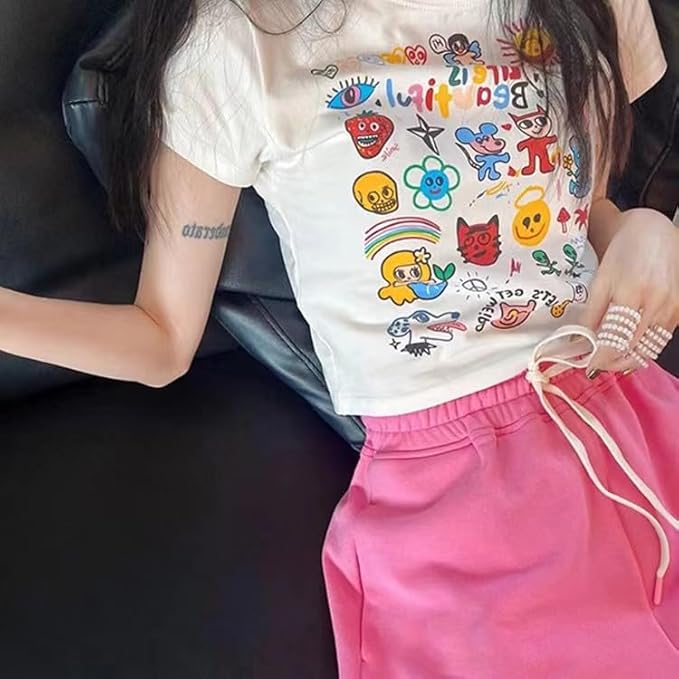 Women Girls Y2K Crop Top Letter Print Baby Tees Grunge T-Shirt