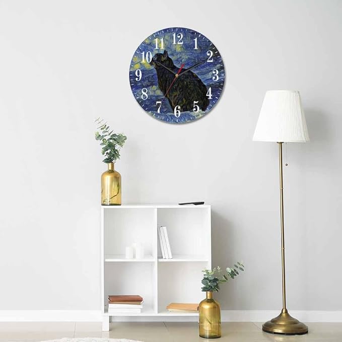 Van Gogh Wall Clock Oil Painting Galaxy Cat 10 Inch Silent Non Ticking Battery Operated Clock Vintage Round Clock for Living Room Bedroom Bathroom Office Decor