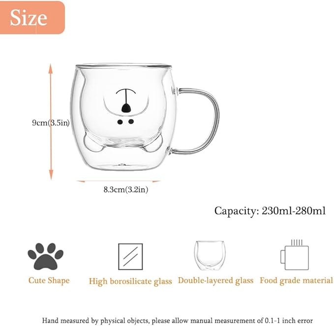 Bear Cute Mugs Kawaii Double Wall Glass Coffee Tea Mill Yogurt Cup Funny Novelty Gift for Women Her Friends Office Birthday Christmas (Bear with handle)