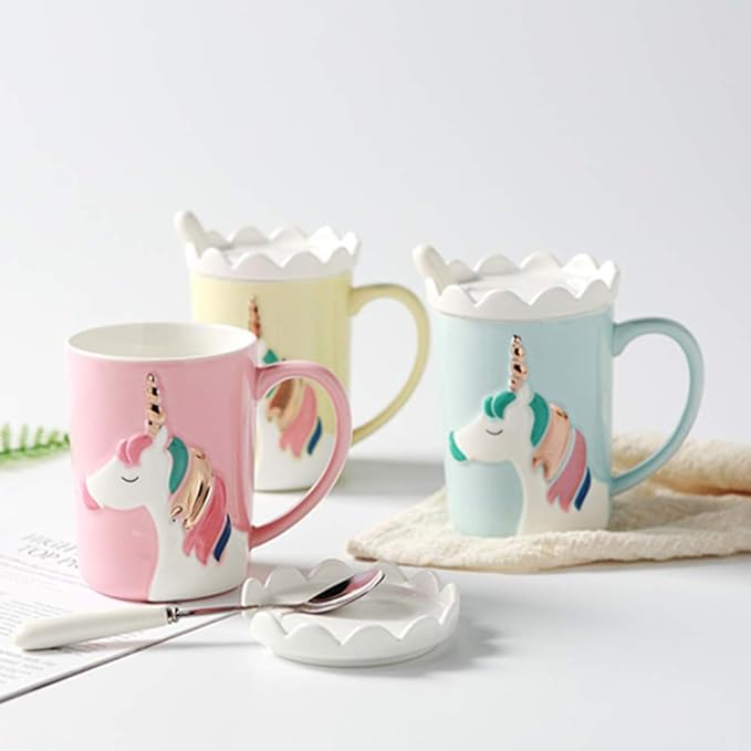 BigNoseDeer Unicorn Mug, Cute Ceramic Coffee Mug with Lid Spoon,Cute Mugs for Coffee Tea Milk,Cut stuff Unicorn Gifts for Girls Cute Gifts for Women (Pink 13oz)