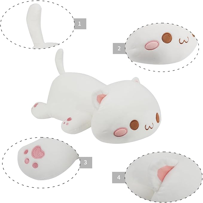 AFAN Cat Stuffed Animals Plush Cute Soft Cat Plush Pillow Toys Kawaii Plushies Room Decor Gifts for Kids Girls Boys (Round Eyes, White, 25.9 Inch)