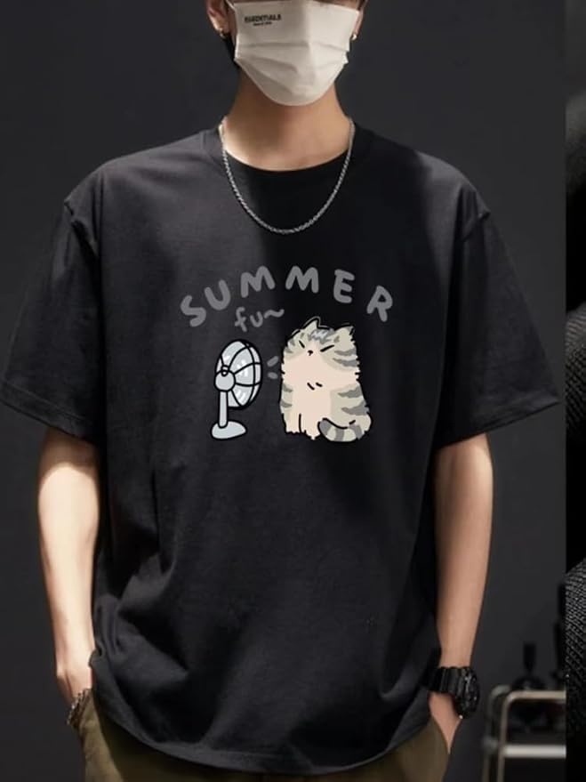 Women's Cute Cat Cartoon Print T-Shirt Kawaii Oversized Graphic Tees Y2K Men's Short Sleeve Tees Grunge Clothes