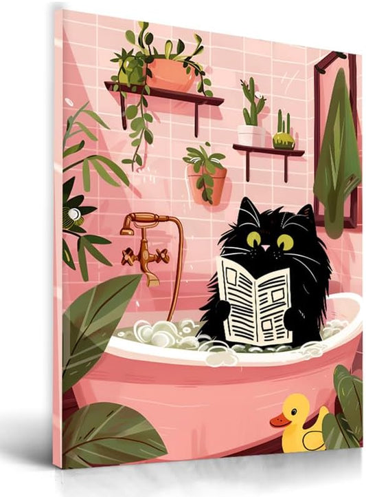 UPWOIGH Bathroom Wall Art Decor, Black Cat Reading the Newspaper Wall Art, Waterproof Wood Framed Canvas Wall Art Animals Abstract Prints, 12"x16" High-end Pictures for Dormitory Kids Room