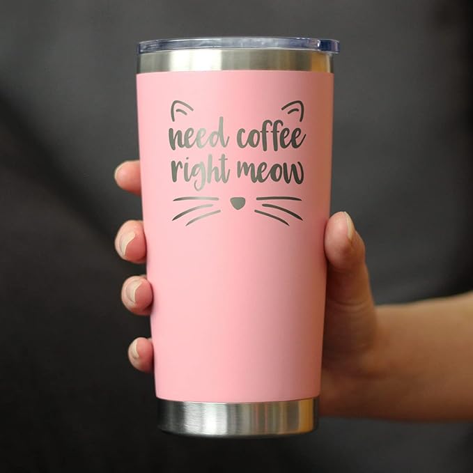 Bevvee Need Coffee Right Meow - Insulated Cat Themed Tumbler - Stainless Steel Mug - Pink