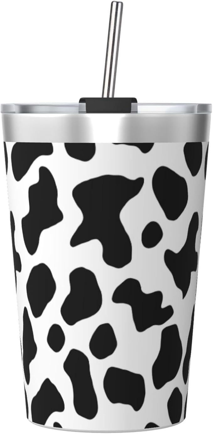 White Black 12 OZ Insulated Tumbler Mug with Lid Straw, Cow Print Double Wall Vacuum Insulated Travel Coffee Cup for Hot and Cold Drinks