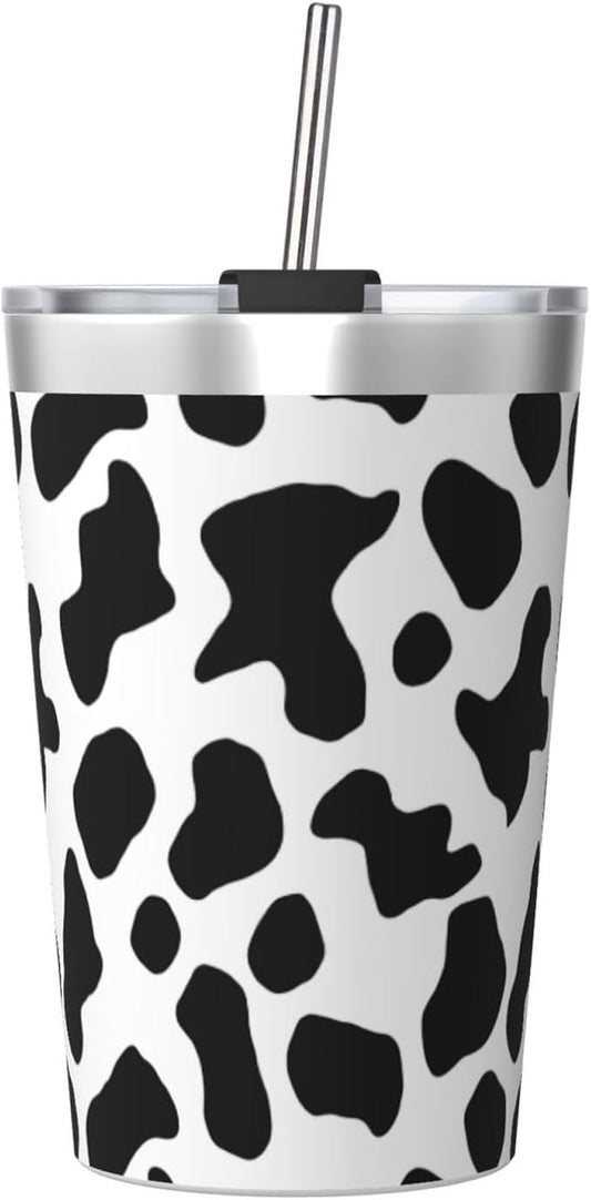 White Black 12 OZ Insulated Tumbler Mug with Lid Straw, Cow Print Double Wall Vacuum Insulated Travel Coffee Cup for Hot and Cold Drinks