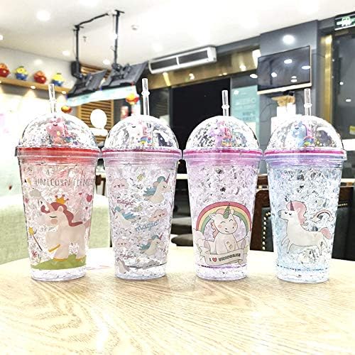 UUnicorn Cup with Straw Kids Travel Tumbler Watter Bottle Plastic Cup for Party Gift Ice Coffee Mug (blue unicorn2, 6.5 * 20cm)