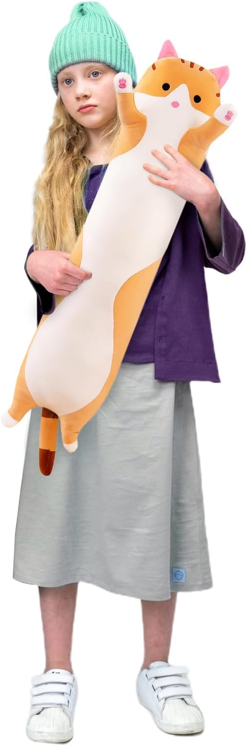WUYU Lovely Plush Cat Doll Cute Cartoon Soft Stuffed Kitten Pillow Long Throw Sleeping Pillow Doll Toy Gift for Kids Girlfriend Multiple Size (Brown,70cm/27.5in)