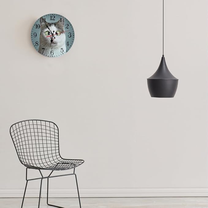 Ansouyi Round Wall Clock Battery Operated Clocks Wallclock 10 Inch,Funny Cute Cat Silent Non Ticking Wall Clock for Living Room,Kitchen,Home,Bathroom,Bedroom,Office or School