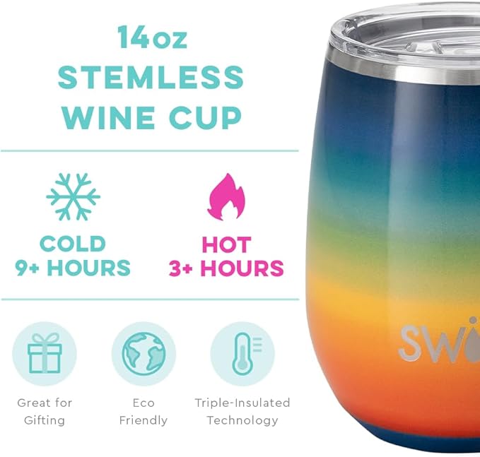 Swig Life 14oz Insulated Wine Tumbler with Lid | Discontinued Prints | Dishwasher Safe, Holds 2 Glasses, Stainless Steel Outdoor Wine Glass (Retro Rainbow)