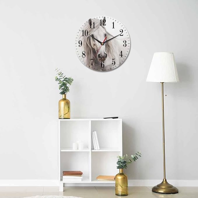 White Horse Portrait Wall Clock Classical Oil Horse with Smooth Skin and Fur 10 Inch Silent Non Ticking Battery Operated Clock Vintage Round Clock for Living Room Bedroom Bathroom Office Decor