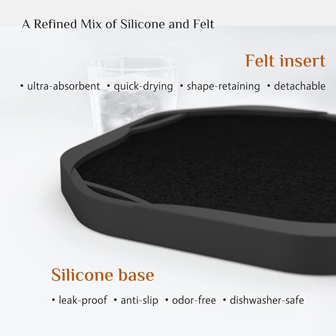 UMIRRO Absorbent Coasters for Drinks with Holder, Black Silicone Cup Coaster with Felt Insert for Coffee Table Decor, Small Unique Birthday Gift Ideas for Men, Dad, Him, Women Mom, Her, 4", Set of 6