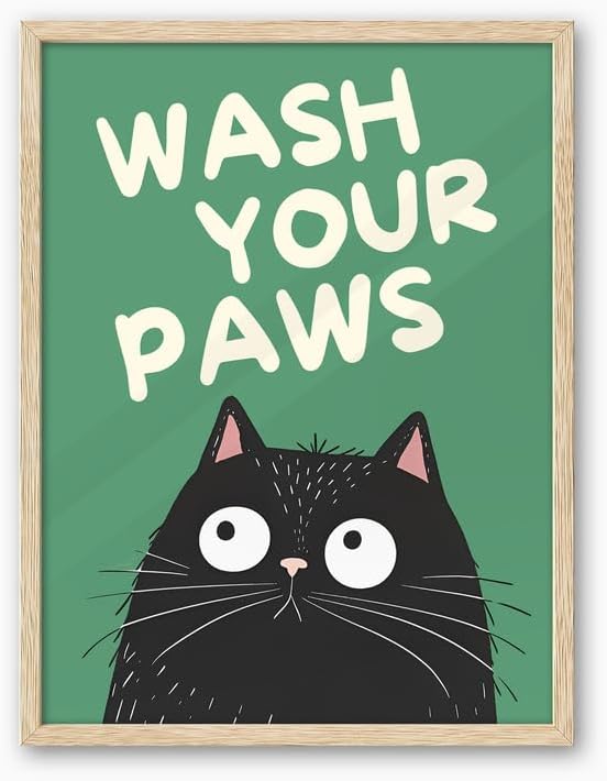 UPWOIGH Beige OAK Framed Wall Art Decor, Black Cat WASH YOUR PAWS Funny Wall Art, Waterproof Wood Framed Canvas Wall Art Animals Abstract Prints, 12"x16"High-end Pictures for Bedroom Bathroom 1 Pack