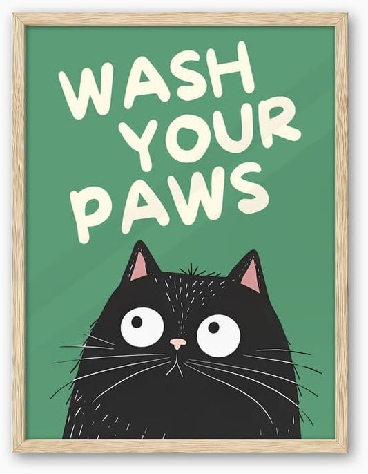 UPWOIGH Beige OAK Framed Wall Art Decor, Black Cat WASH YOUR PAWS Funny Wall Art, Waterproof Wood Framed Canvas Wall Art Animals Abstract Prints, 12"x16"High-end Pictures for Bedroom Bathroom 1 Pack