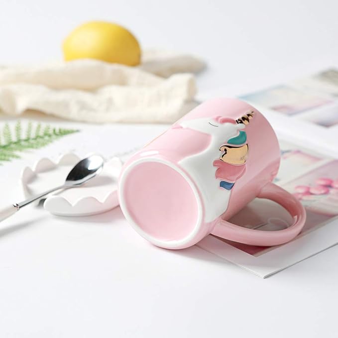 BigNoseDeer Unicorn Mug, Cute Ceramic Coffee Mug with Lid Spoon,Cute Mugs for Coffee Tea Milk,Cut stuff Unicorn Gifts for Girls Cute Gifts for Women (Pink 13oz)