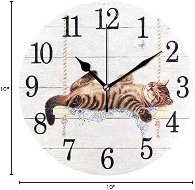 Wamika Round Wall Clock Cat on Swing White Vintage Wooden Clock Silent Non Ticking Wall Decorative,Kitty Cute Cats Flowers Butterfly Clocks 10 Inch Battery Operated Quartz Quiet Desk Clock for Home