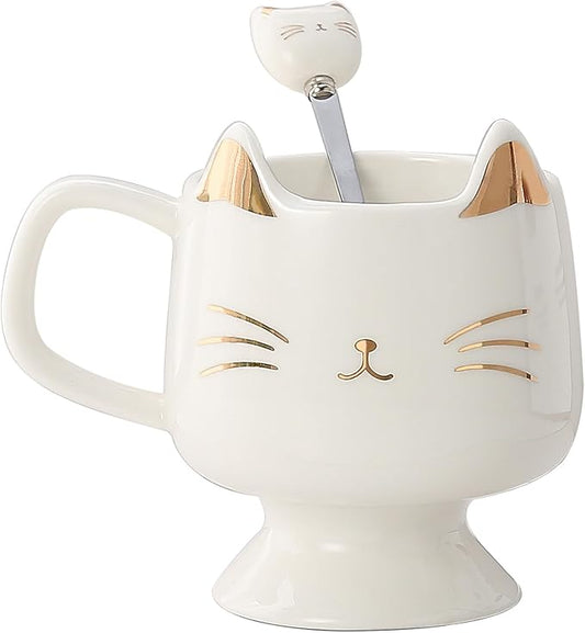 Yuwu Ceramic Coffee Mug, Cute Cat Tea Mug with Spoon, Funny Gifts for Women Girls for cat lovers (White)