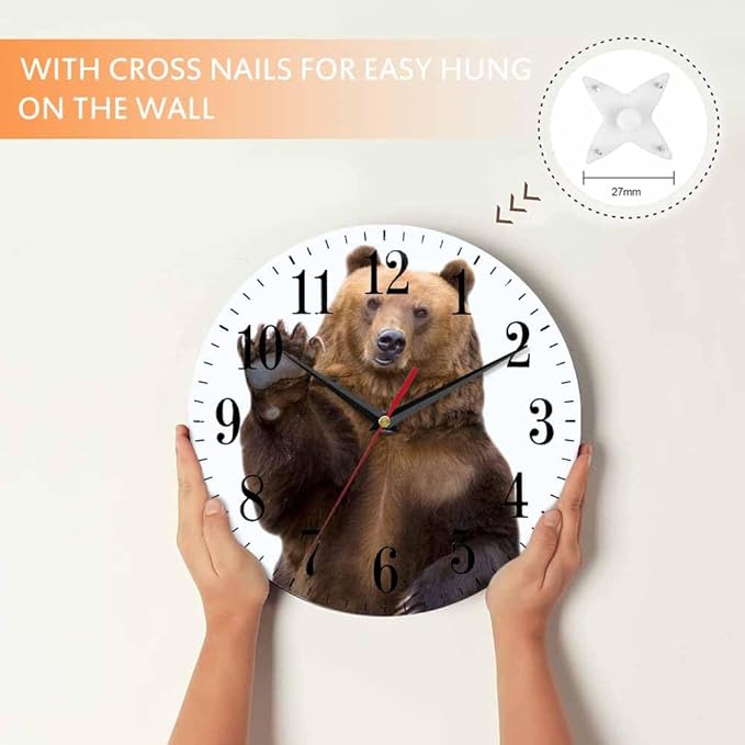 Bear Wall Clock The Brown Bear Welcomes and Waves a Paw 10 Inch Silent Non Ticking Battery Operated Clock Vintage Round Clock for Living Room Bedroom Bathroom Office Decor